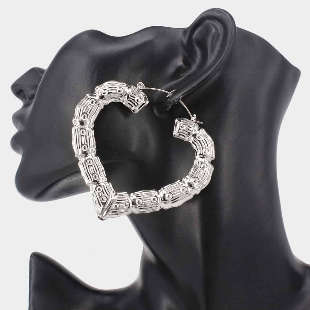 Silver Heart Bamboo Doorknocker Hoop Earrings Cute